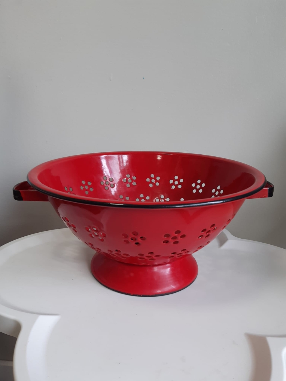 1960s Red Enamel Colander with Flower Perforations